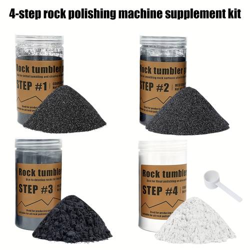 4 step rock grinder polishing kit with and aluminum oxide grinding particles to enhance gloss including coarse and medium grinding media and pre polishing fillers compatible with any rock grinder and stone material