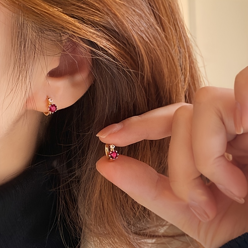 TEMU 1 Pair Elegant Retro Copper-set Red Cubic Zirconia Stud Earrings, Fashionable Golden Petite Jewelry For Women - Ideal For Or Gifting, Gift Jewelry|elegant Ear |zirconia Stones