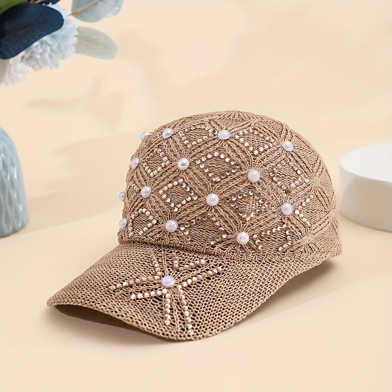 1pc Clover Pearl Hat Women's Fashion Versatile Pearl Rhinestone Net Cap Summer Adjustable Baseball Cap