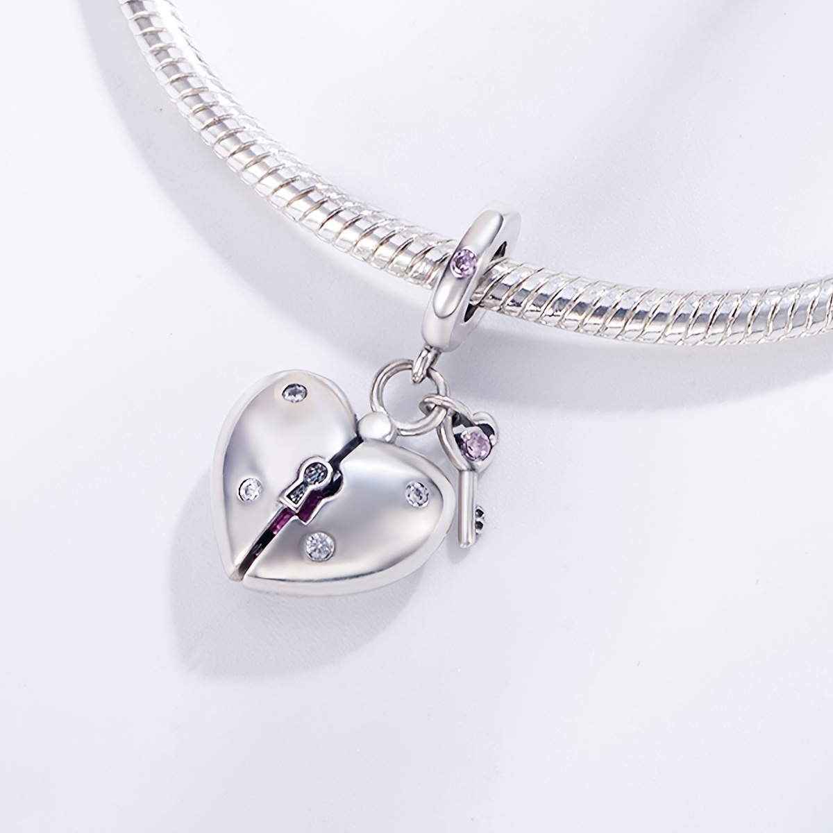 Silvery Plated Copper Split Heart Key Dangle Charm