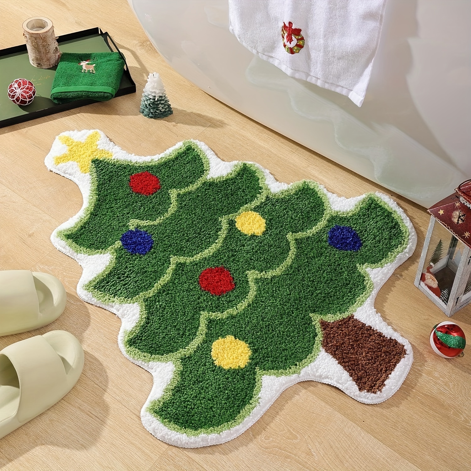 

Christmas Tree Bath Rug, Non-slip Absorbent Knit Fabric Bathroom Mat, Creative Door Floor Decoration, Imitation Cashmere, Dot Molding Backing, Washable Decor - 1pcs