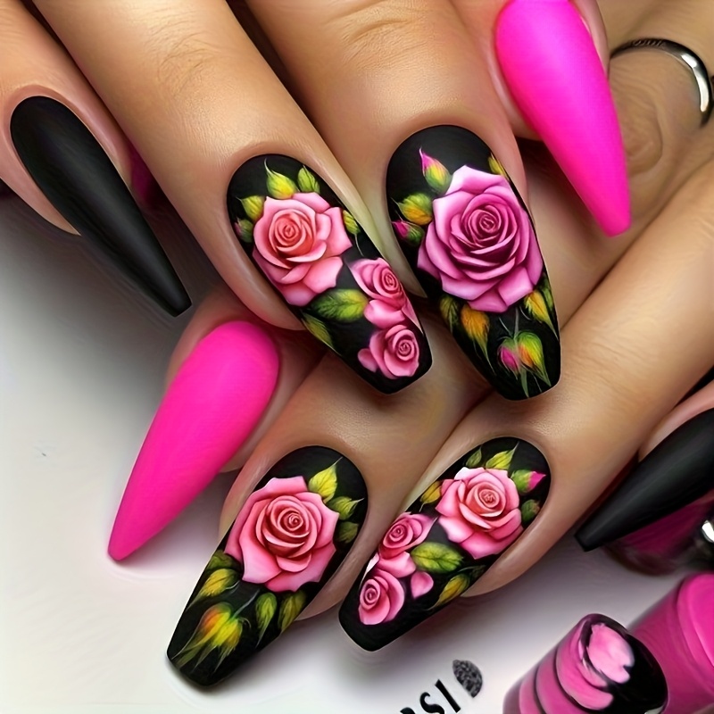 TEMU Pink Rose Valentine's Day Long Teardrop 24pcs Nail Set, Berry Red And Black Contrast, Detachable Press-on Nails