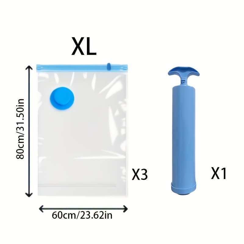 TEMU Lot de 4 sacs de rangement sous vide à compression avec pompe à air manuelle, disponibles en tailles S/M/L/XL. Chaque lot 3 sacs de rangement
