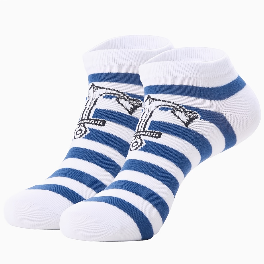 1 Pair Unisex Blue White Striped Anchor Pattern Socks, Suitable For Scenes