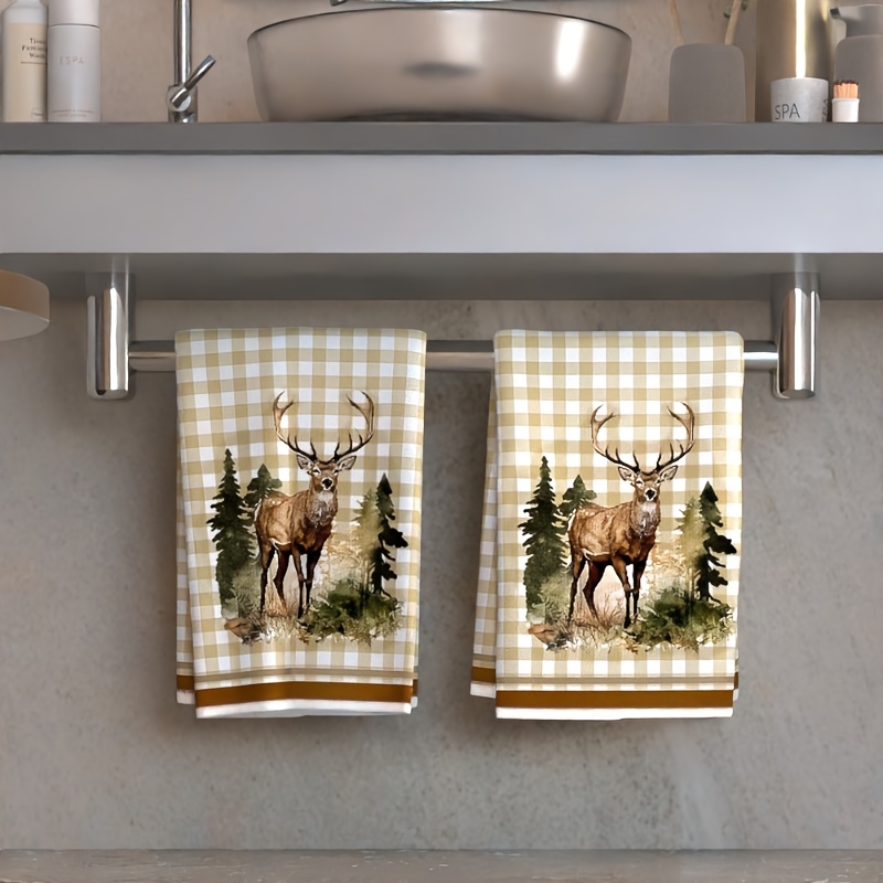 TEMU Lot de 2 serviettes à imprimé faon de style forêt, chiffons de nettoyage absorbants en microfibre, torchons de cuisine pour la cuisson et ,