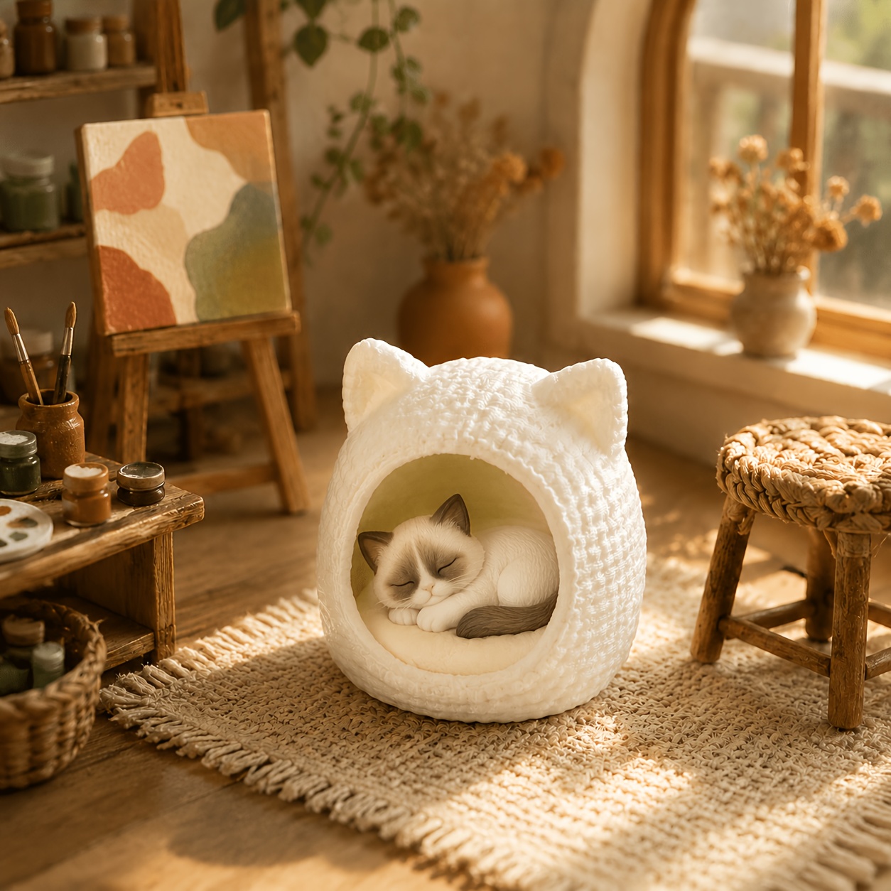 TEMU Mini Palm Cat | White Cat Ear Miniature Cat House Ornament 1:12 Dollhouse Scene Props For Photography