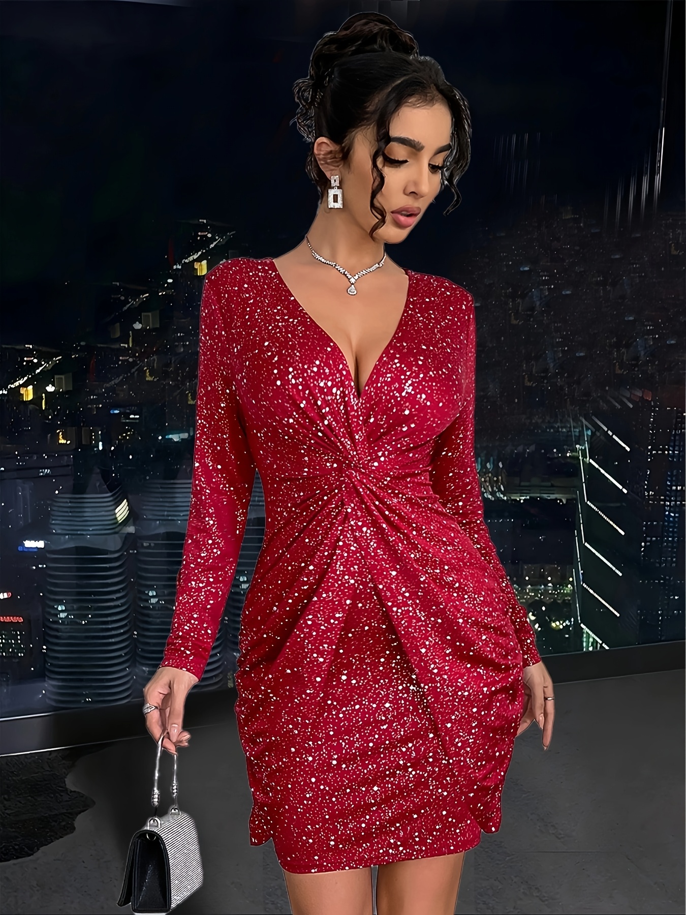 women' red sequin party dress - long sleeve round neck cocktail dress with  adjustable belt, machine washable & dry , formal & casual wear, dress for  party, evening event attire, elegant style,