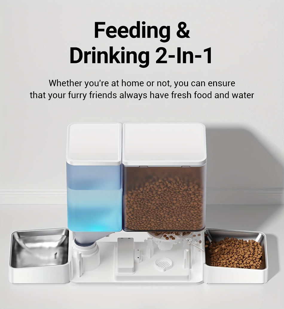 8.5l 2-i-1 automatisk foderautomat til kæledyr med tyngdekraftsfunktion til hunde og katte, 5 dispensere, 3.5l drikkevand med skål i rustfrit stål uden batteri. Produktdetaljer 2