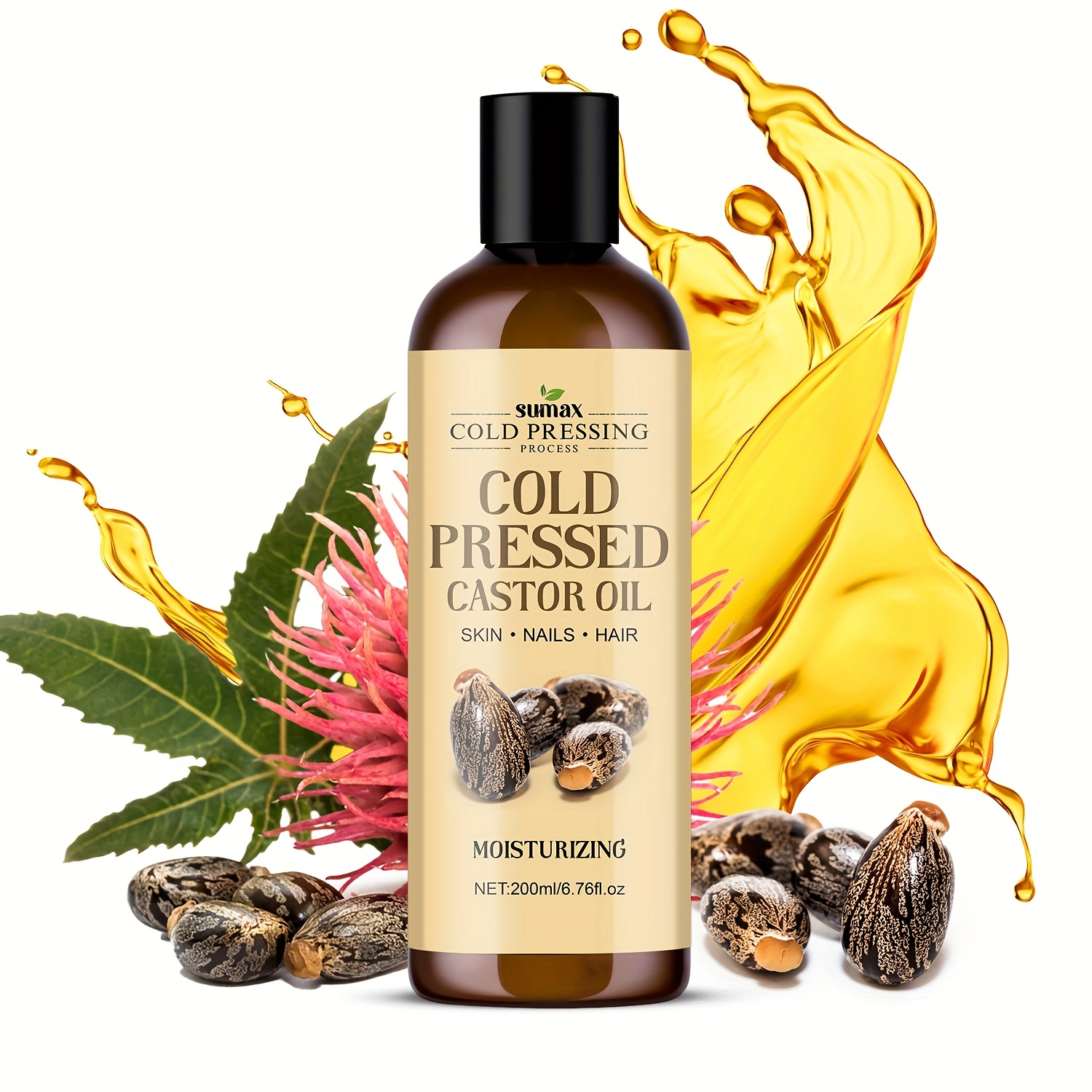 Image of Cold Pressed Golden Castor Oil Suitable For Hair, Nail Care & Skin Moisturizer - Hexane-free Oil For Dry Scalp, Nails, Skin - Suitable For, Men &, No, Skin Types