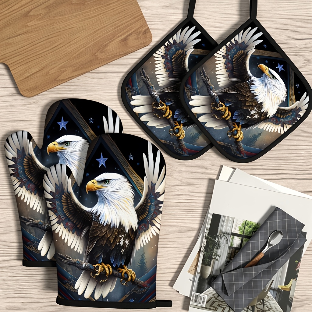 TEMU 4pcs Set Of White-headed Eagle Wings Oven Mitts And Heat-resistant , 27x17cm Premium Goods, Suitable For Kitchen, Baking, Home Use, White-headed