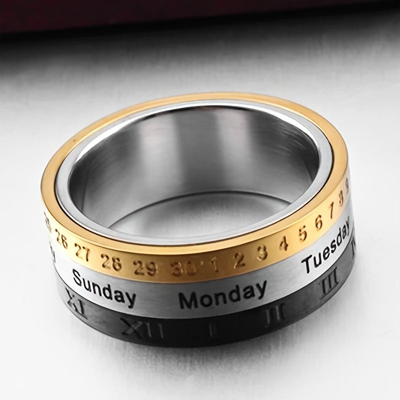 1 titanium 304l stainless   style rotatable date time calendar ring with roman   black and golden anxiety decompression jewelry mens casual dress and holiday gifts christmas thanksgiving carnival Product details 2