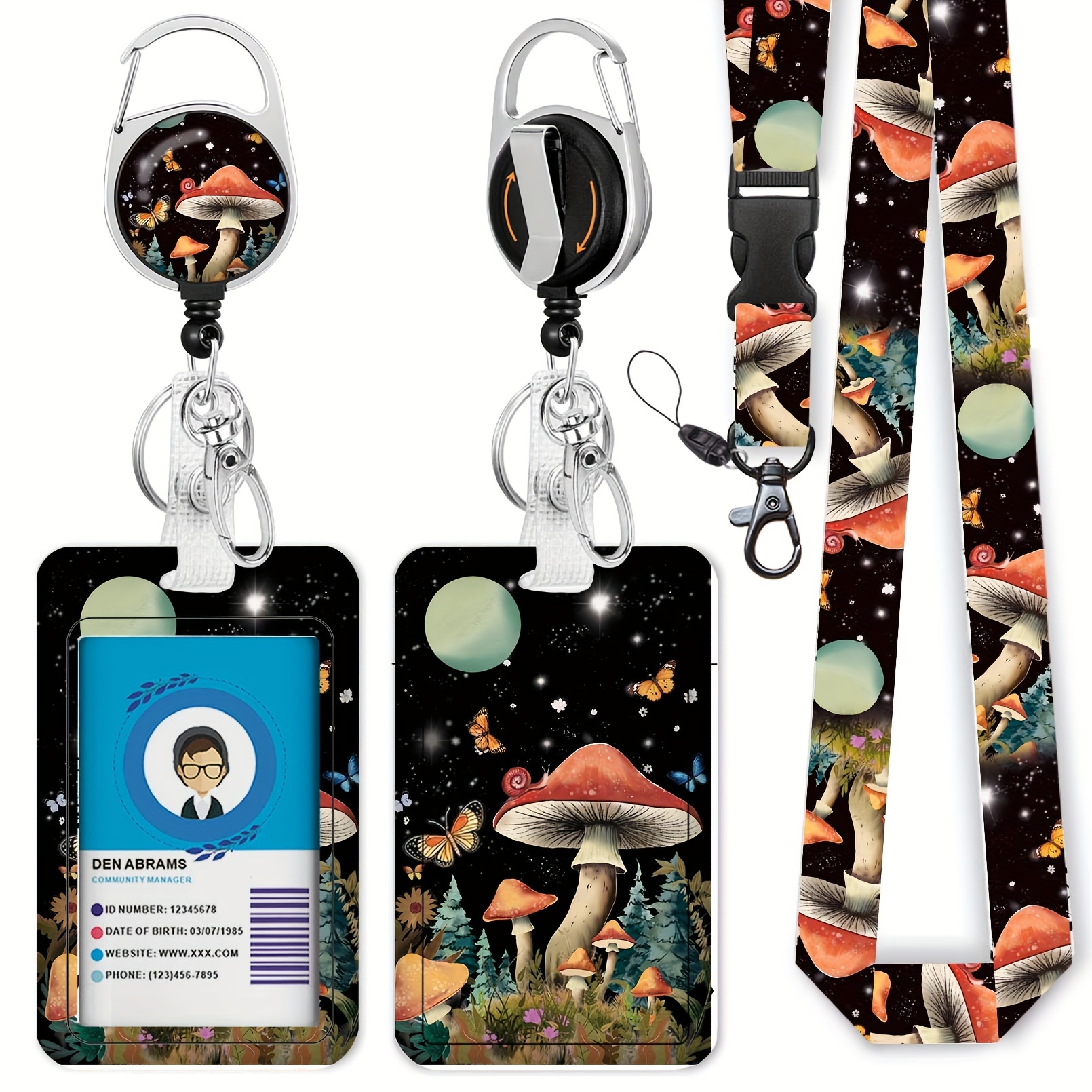 Lanyards for Id Badges, Cute Badge Holder with Retractable Reel Clip,  Mushroom Work Name Tag Breakaway Lanyard Vertical ID Card Protector Case  for