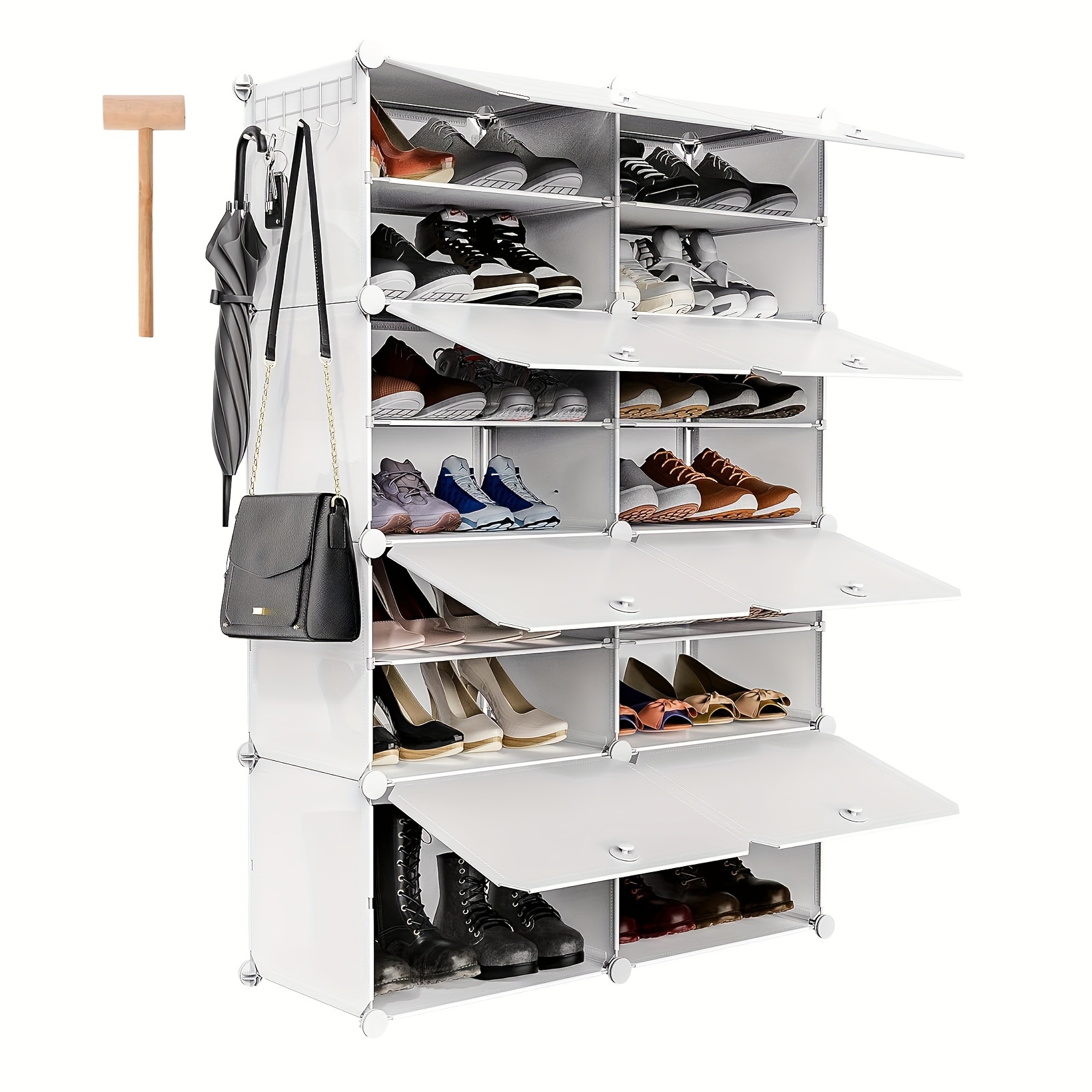 

8 Tier Portable Shoe Rack Organizer 32 Pair Covered Shoe Storage Shelves Rack 16 Grids Tower Shelf Storage Cabinet Stand Expandable For Heels, Boots, Slippers, Perfect For Entryway, Hallway, White