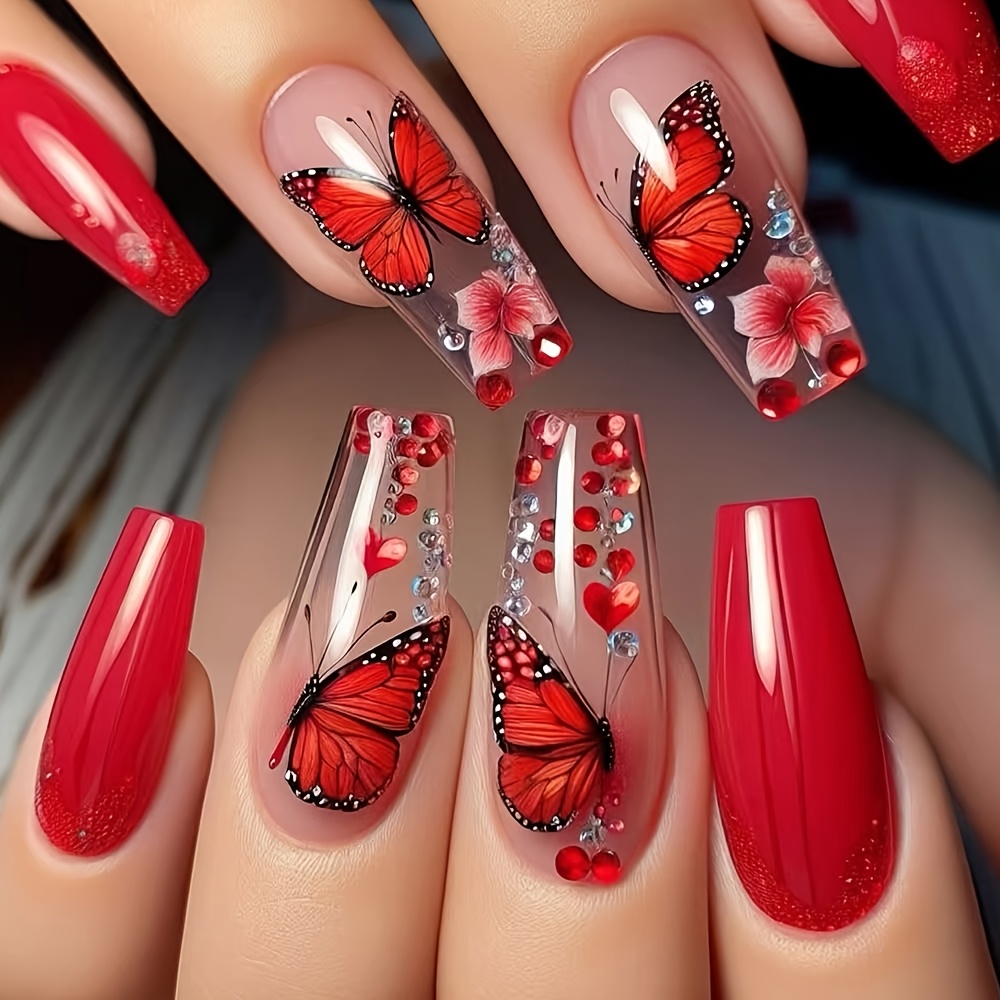 TEMU 24pcs Press-on Nails Sweet Cool Spicy Style Floral With Rhinestones Pattern Glossy Style Nail Art Suitable For Women And False Nails Category Fake Nail Stickers