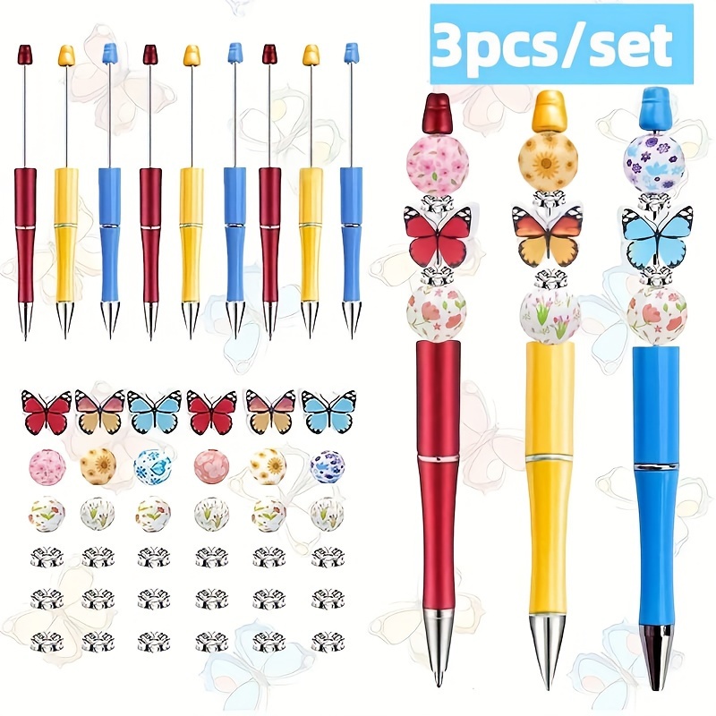 

3pcs/set Butterfly Theme Diy Bead Pen With 3 Red/yellow/ Beads And 10 Cherry /sunflower/daisy Wooden Beads, 10 Spacer Beads Suitable For Gift , Office Or School Use