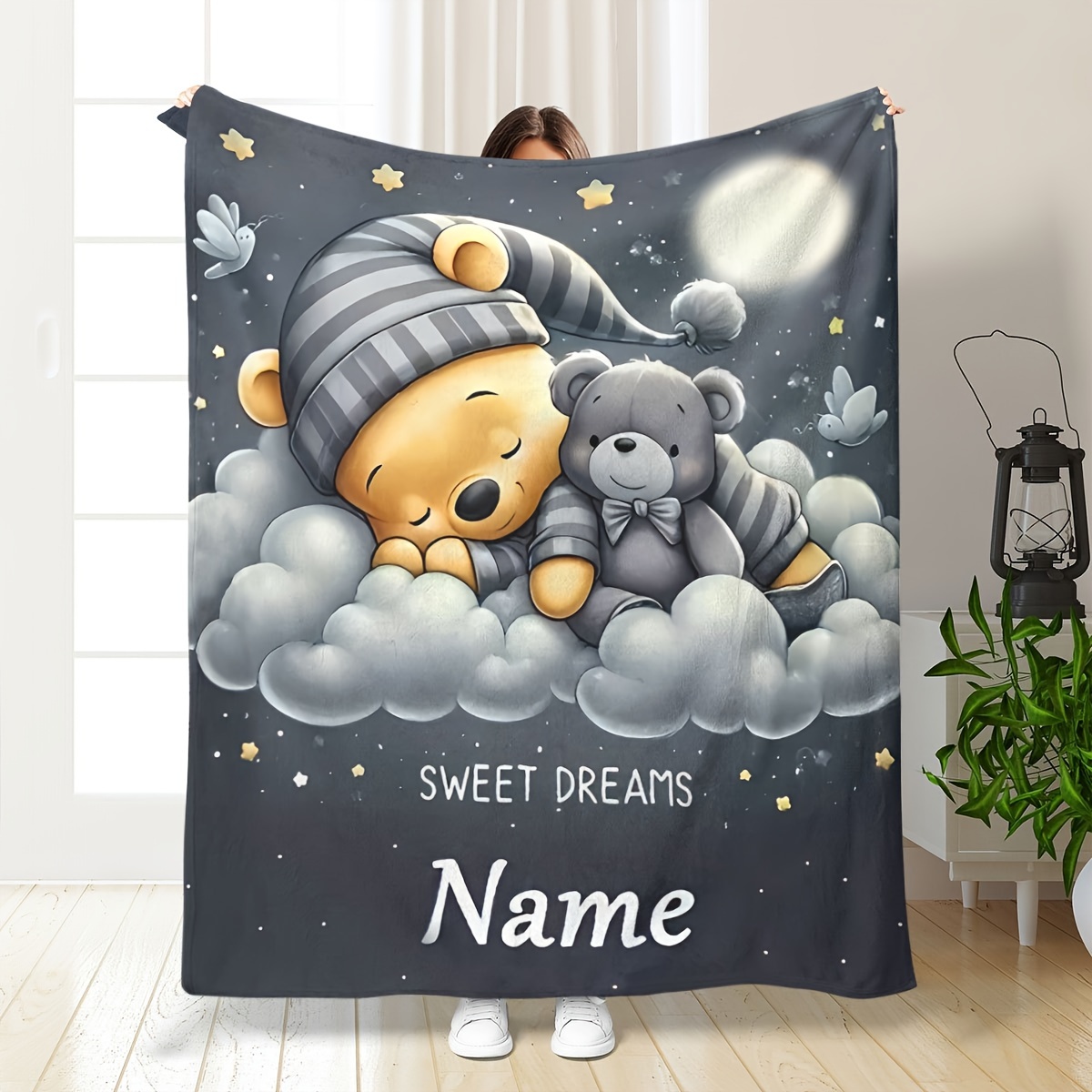 

Customizable Name , Bear Pattern, - Fleece Blanket, - , , - For , Sofa, , , , , Knitted , Use