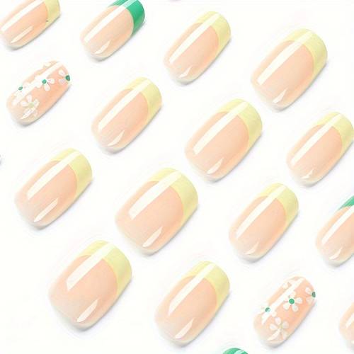 on nails nails with green glossy false nails acrylic full cover artificial stick on nails for women holiday nail art decorations 24pcs
