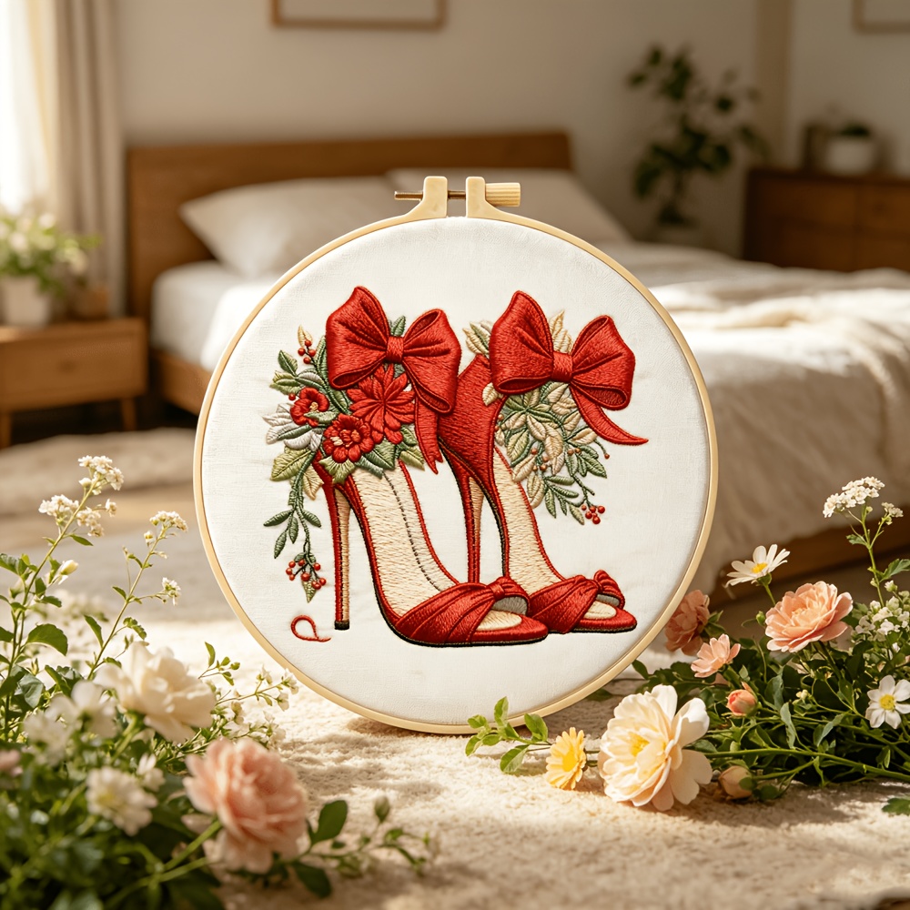 Complete DIY Embroidery Kit, Vintage Red High Heel & Floral Bow Design