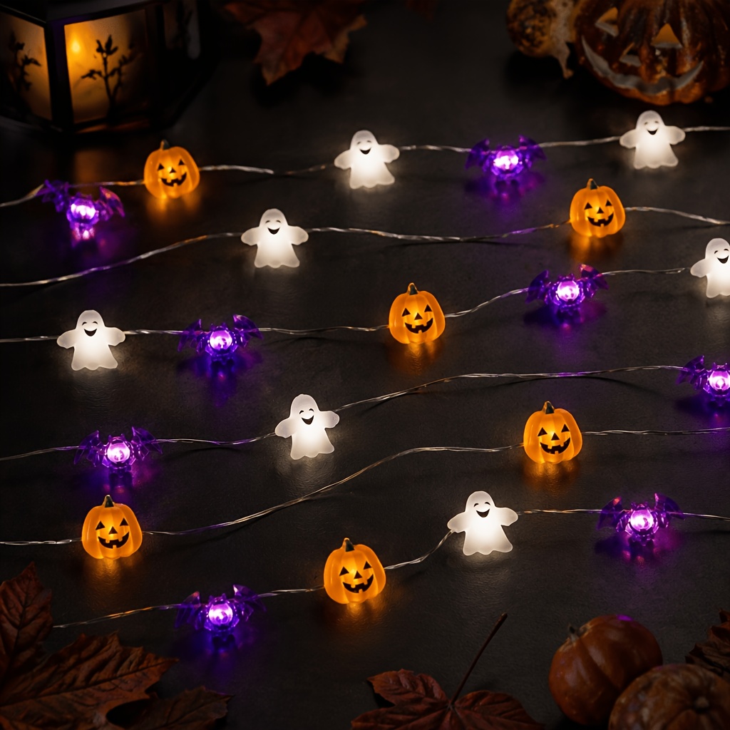 TEMU Guirlande Lumineuse d'Halloween, Décorations d'Halloween, Éléments Citrouille, Chauve-souris, Décoration de Maison, Décoration de Pièce,