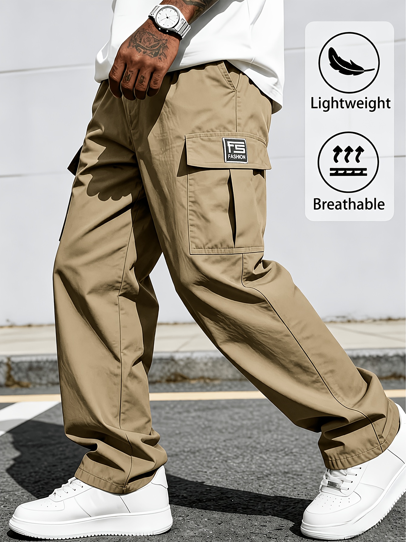 imagen del artículo pantalones cargo casuales de moda para hombre con múltiples bolsillos, tela   y cómoda, adecuados para deportes   y ropa  