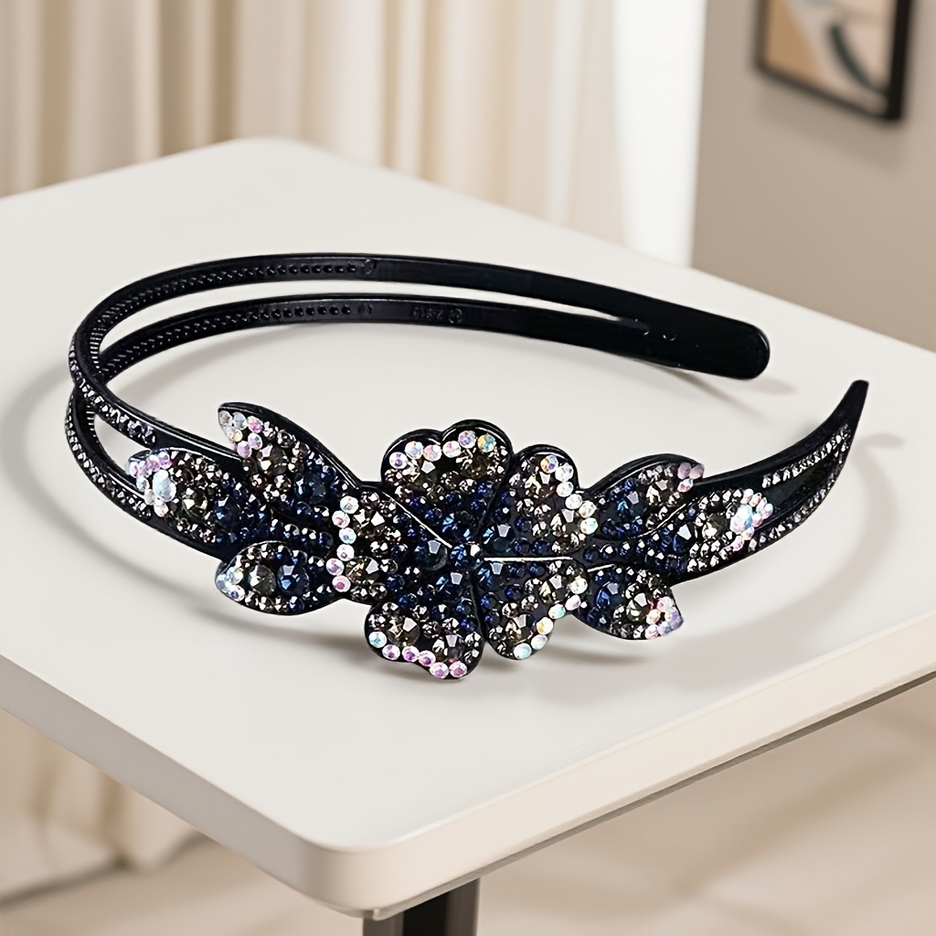 TEMU 1pc Sparkling Rhinestone Elegant Wide Flower Hair Clip, Headband, Women's Hair Clip, Anti-slip Hair Clip, , Suitable For Casual Attire, Suitable