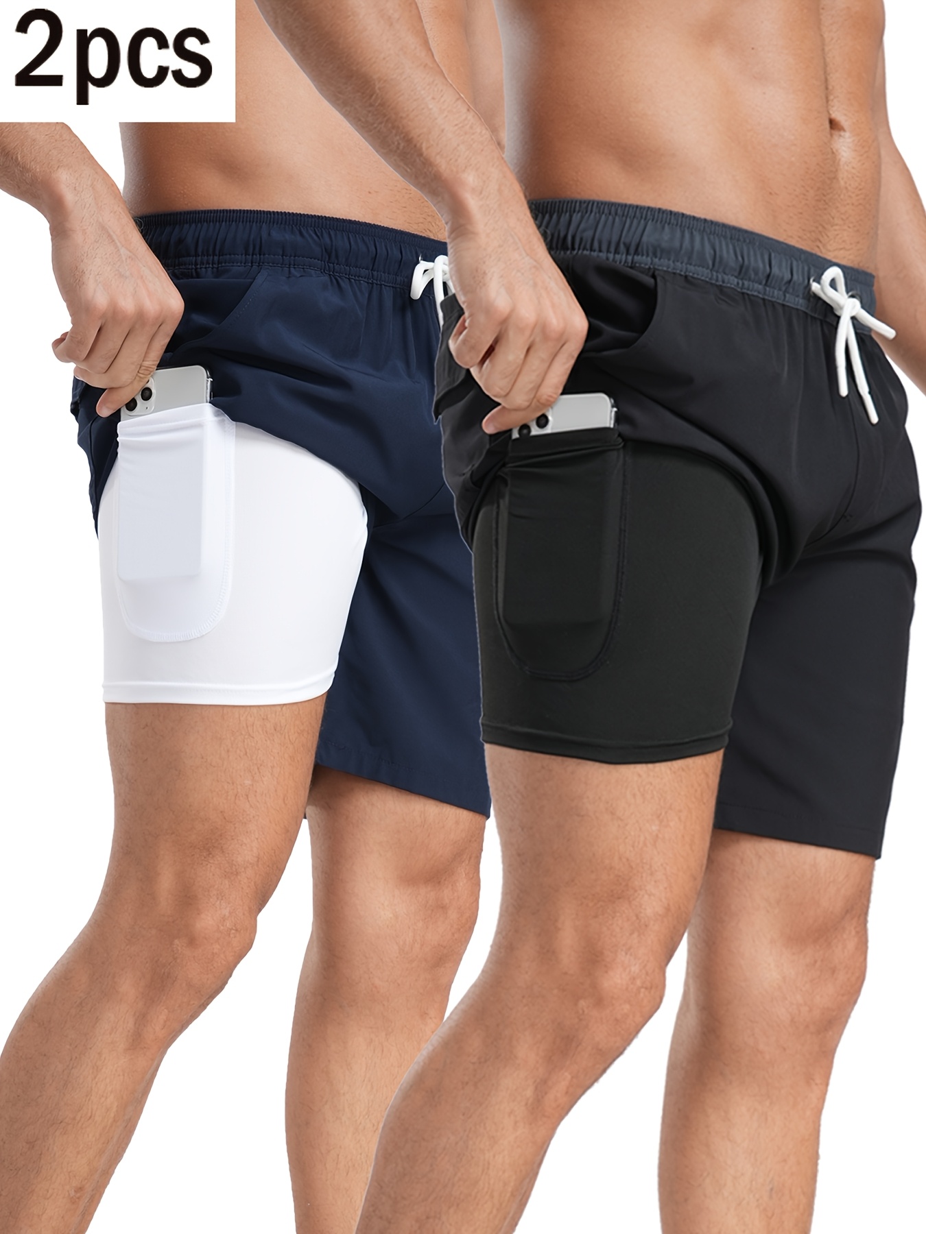Set of 2 Men'S Casual Sports Shorts, Solid Color Double-Layer Beach Shorts for Fitness, Basketball, And Volleyball