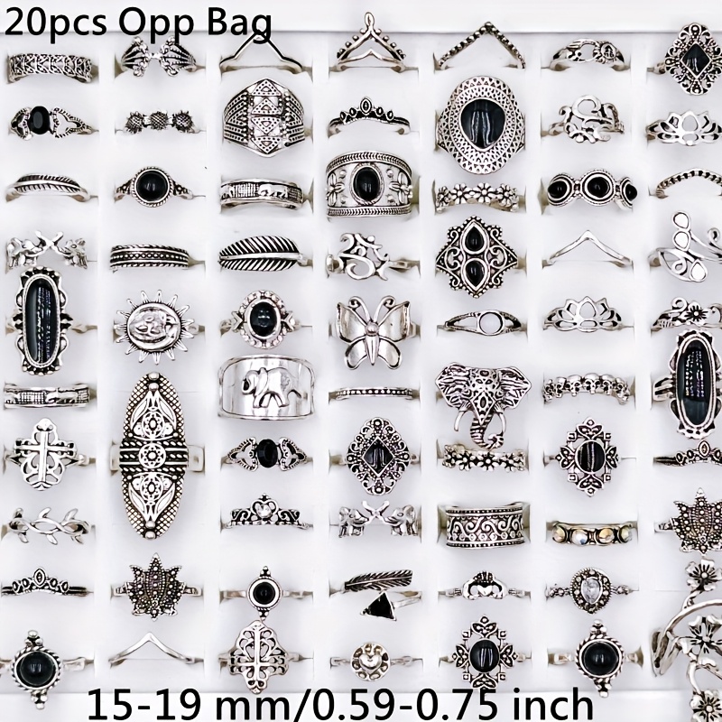 TEMU Wholesale 20pcs/ Pack Men's Ring Fashionable Retro Bohemian Style Men's And Women's Rings Material Size 15mm-19mm Mixed Leaf Eye Heart-shaped