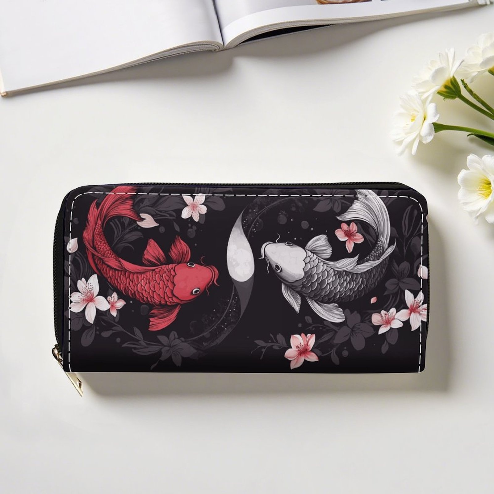 Women s & Men s Japanese Koi Fish & Cherry   Wallet - Long Zipper Closure with Card Holder & Coin Pocket, Golden-Tone Hardware, Multi-Functional Wallet Purse with Zippered Pocket,   Koi  , Golden-Tone Zipper, Wipe-Clean, Ideal Gift for Outdoor Use (Women s & Men s) - Stylish & Practical Wallet for Cash, Cards &   (No Lining), Wallet for Women Long, High Quality Wallet for Women, Purses And Wallets, Designer Wallets for Women, Vintage Wallet,