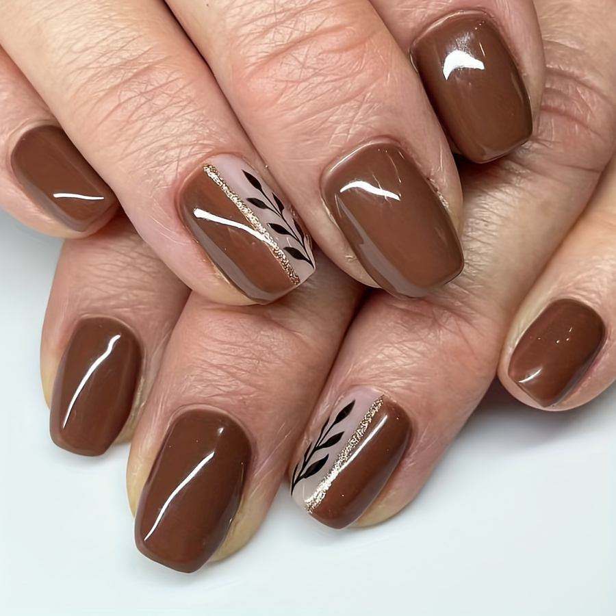 

24pcs Set Autumn & -on Nails - Medium Square, Warm Brown With Leaf Design & Golden Glitter Accents, Easy To Apply & Remove