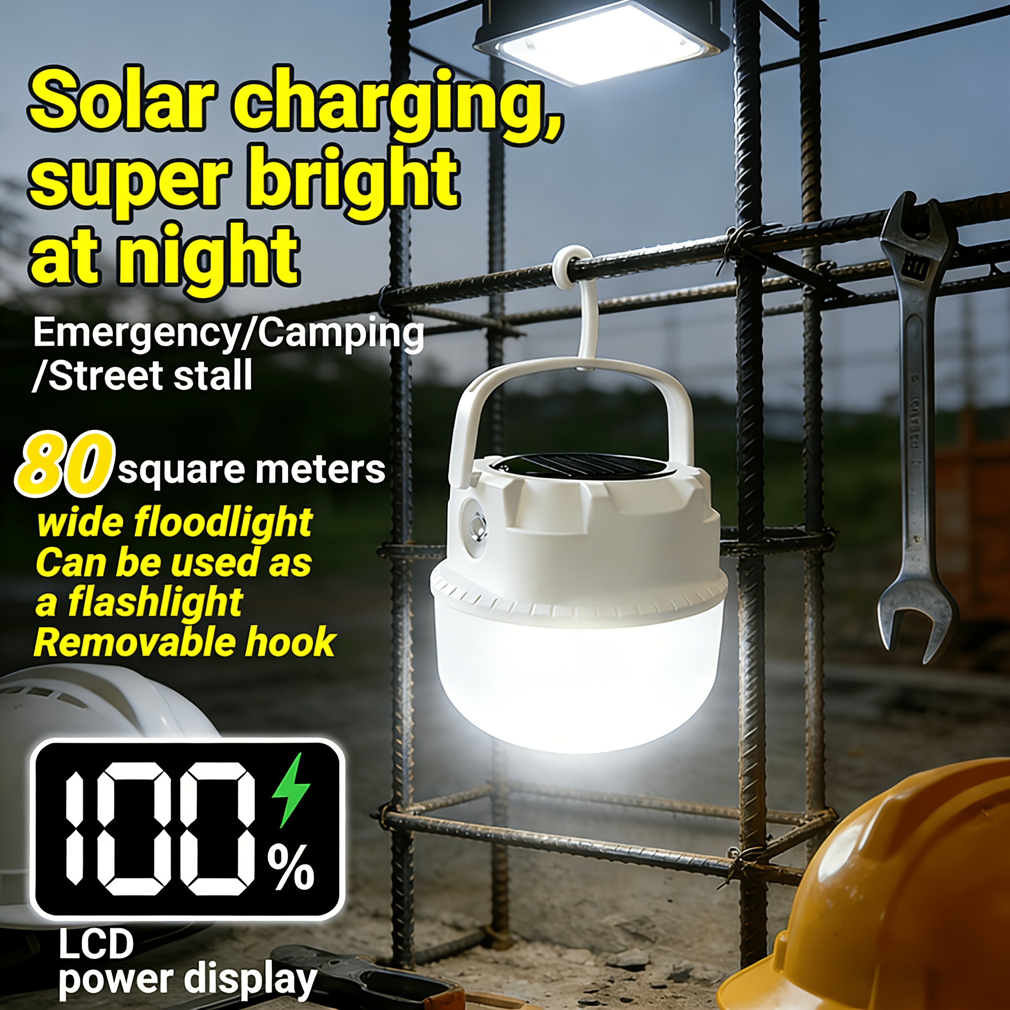 TEMU -one Solar And Usb Rechargeable Camping Portable Lamp. Portable Led Emergency Bulb With Hook. Digital Display Emergency Work Lamp. Suitable For