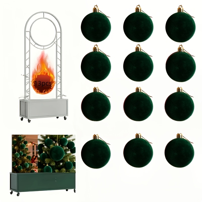 TEMU 13pcs Dark Green Velvet Christmas Balls, Home Decor Tree Ornaments - For Halloween, Thanksgiving, Birthdays, And Weddings, Durable Plastic