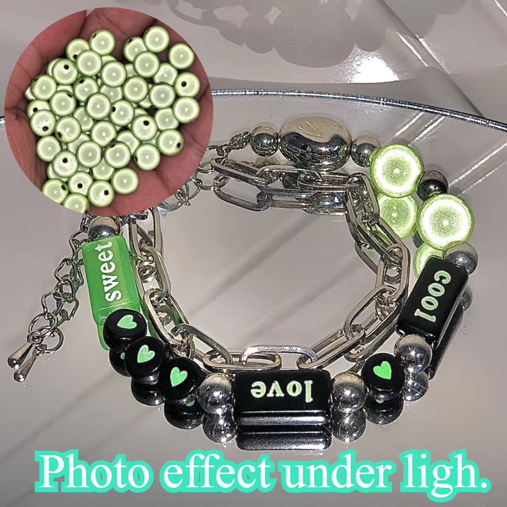 

30pcs Y2k Style Laser Reflective Beads - Green & Black Accents, Plastic Diy Charms For Bracelets, Necklaces, Earrings - Under Uv Light