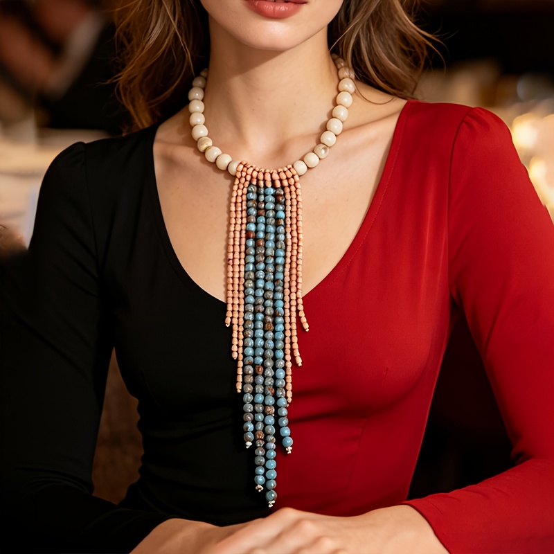 Bohemian Tassel Long Bead Necklace in Light Blue