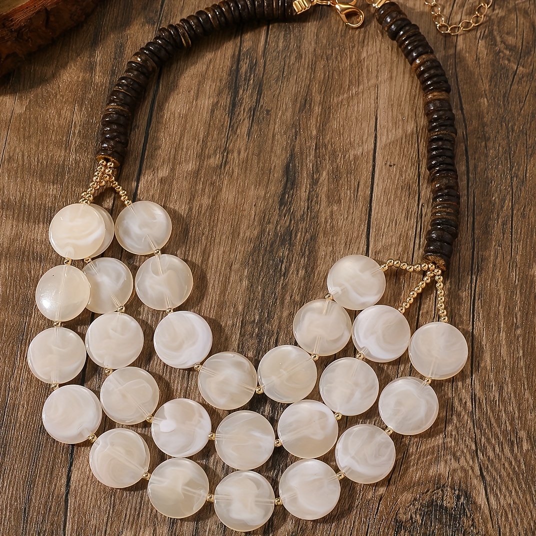 TEMU Collier Bohème Style Vacances Multi-Couche Plaque Ronde Géométrique, Collier de Perles Acryliques de , Chaîne Clavicule Tendance, Couleur