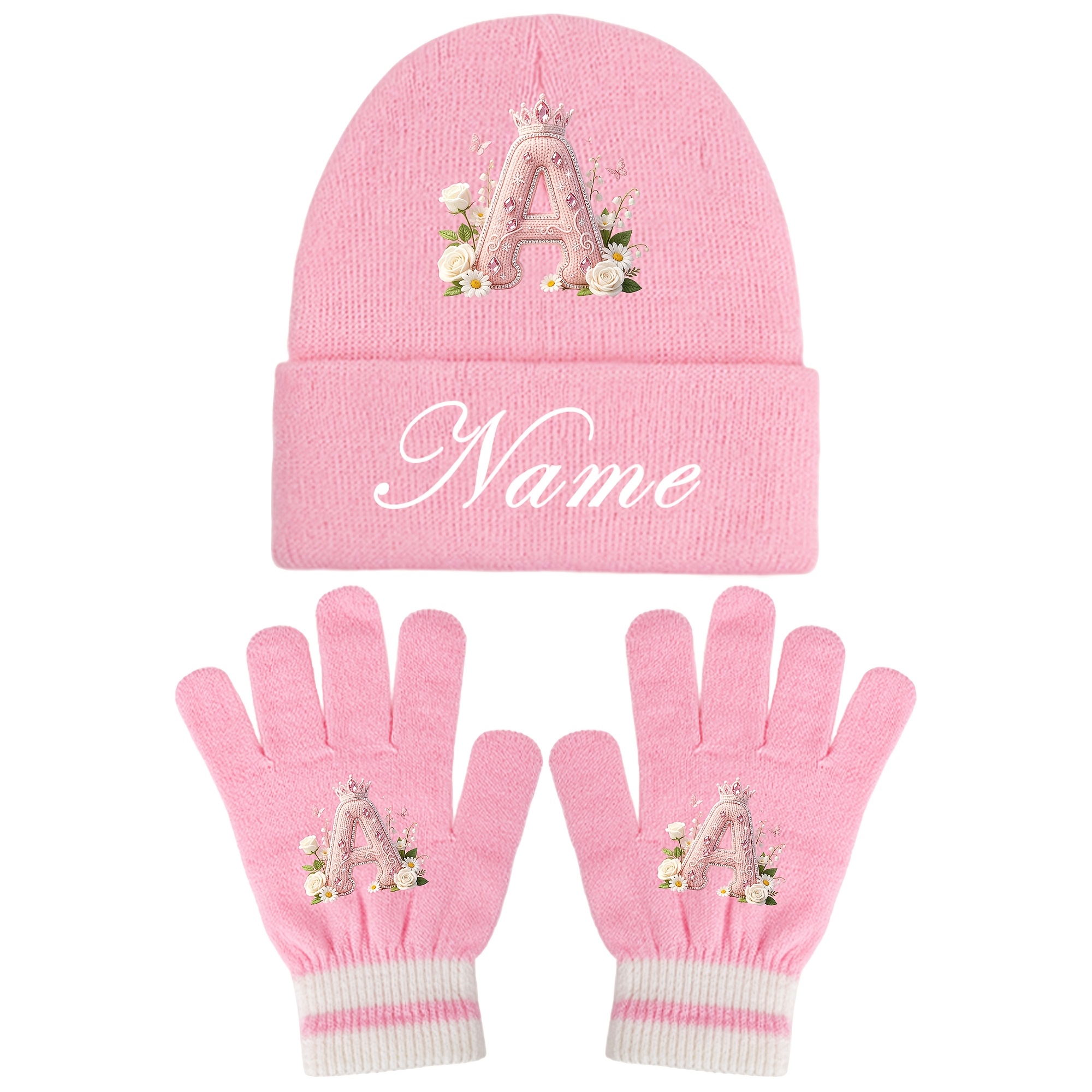 TEMU 2pcs Personalized Initials Beanie & Gloves Set - A-z Lettering, Thermal Winter Hat & Mittens Suitable For Outdoor, Commuting, Christmas Gifts