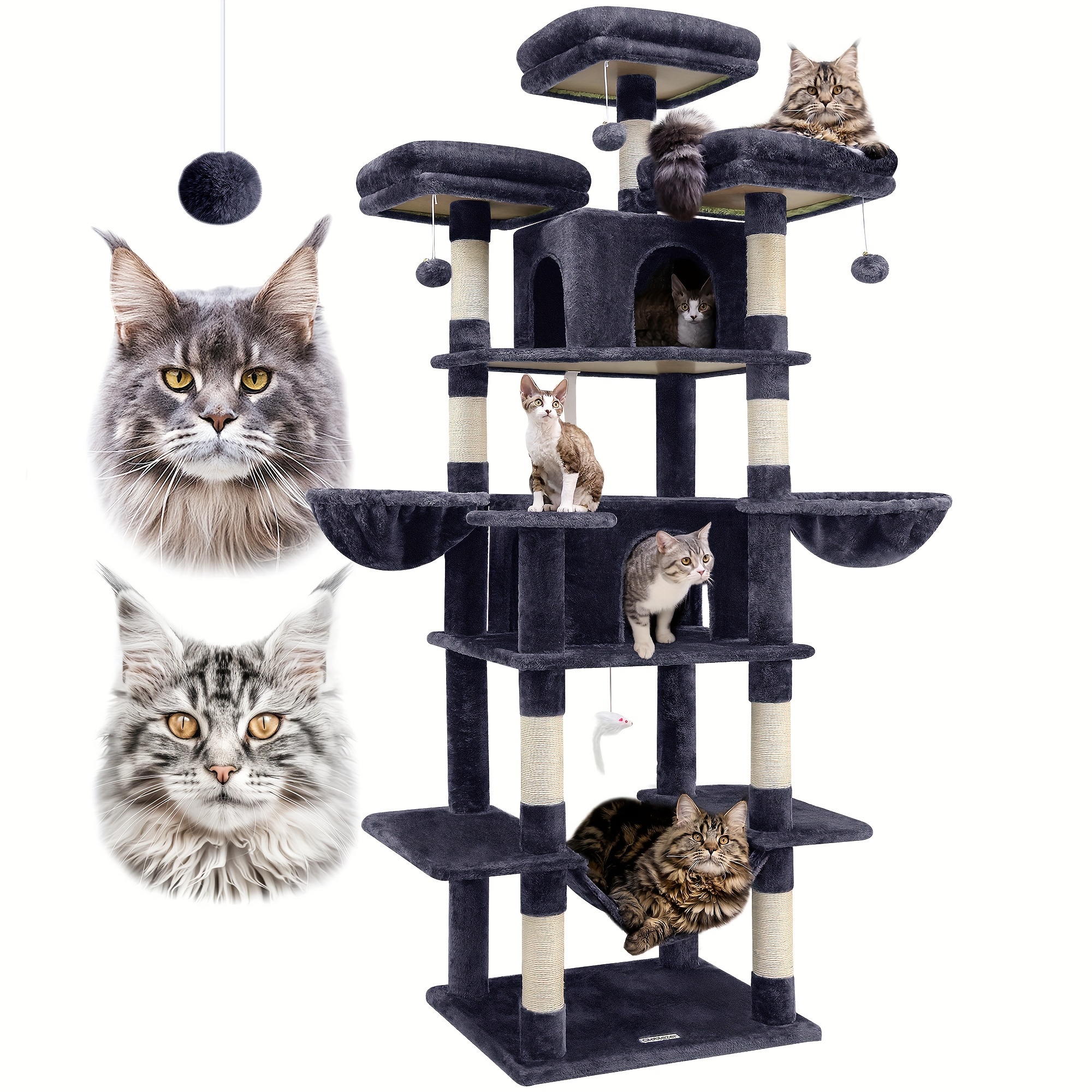 

F80 Tall Cat Tree, 80inch Cat Tree Tower For Indoor Multiple Adult Cats Xxl Cat Tree With Scratching Post, Hammock, 3 Perches, 2 Condos, 2 Hanging Basket