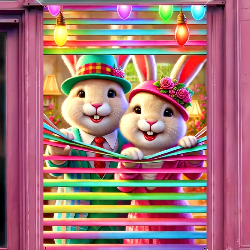 

Vibrant Neon Easter Bunny Curtain Decorations, 47"x31" Polyester Banner, Party Supplies, Indoor/outdoor Decorations, No Power Needed, Easter Home, Garden, Patio, Window Decorations