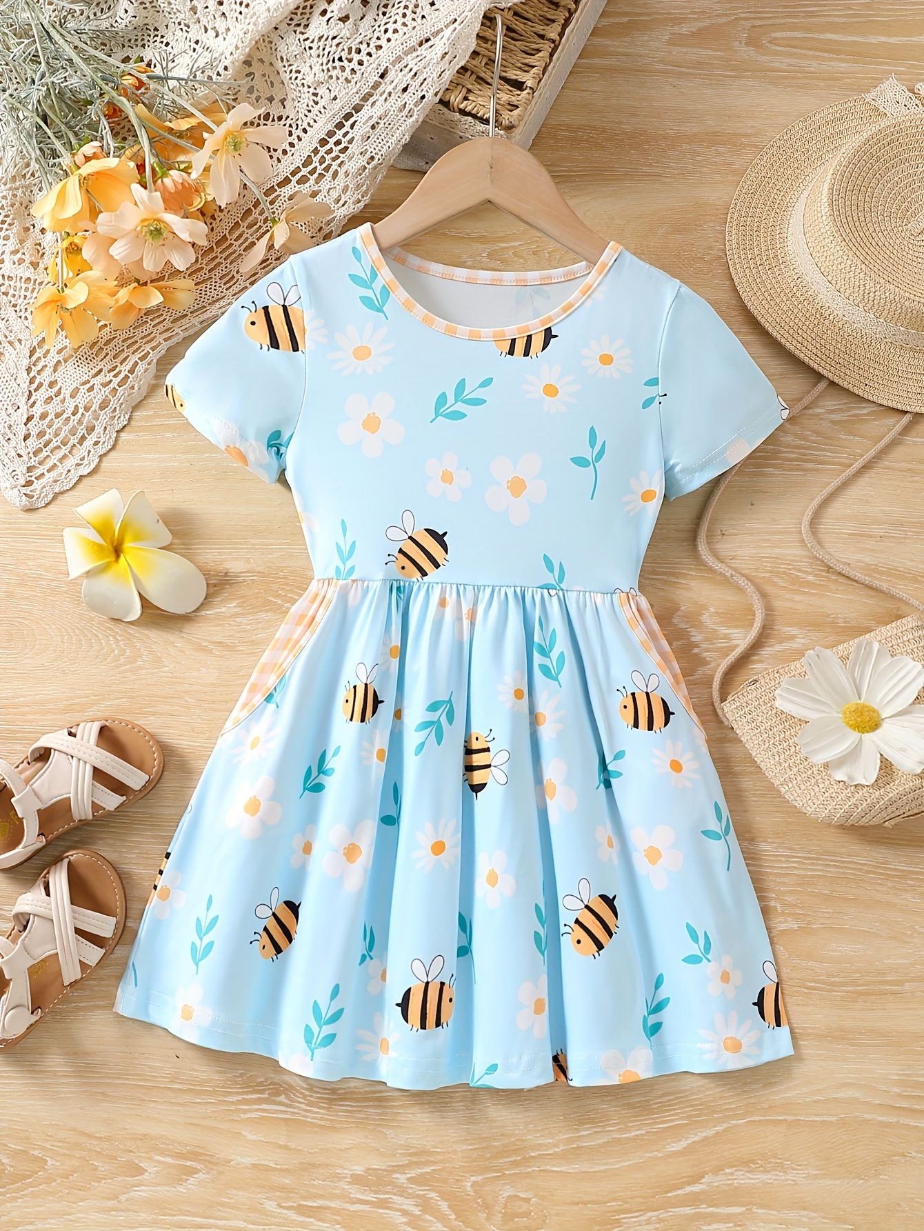 Girls Short Sleeves Dress Round Neck Flower Bee Print Temu Canada