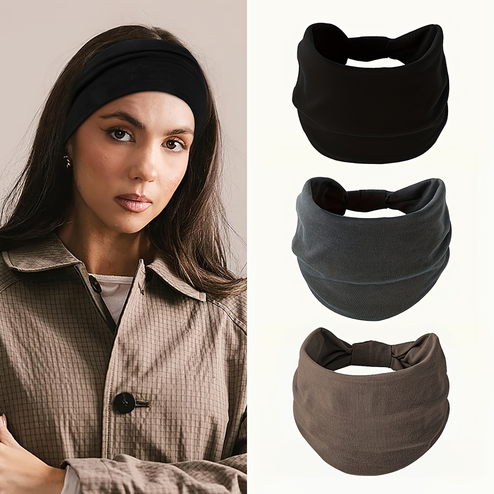 TEMU 3pcs/set, Solid Color Elastic Sports Headband, Wide Yoga Headband, Casual Unisex Headband, Fashionable Wide Knotted Headband, Headscarf Hair