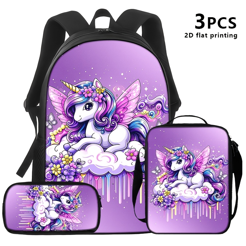 TEMU 1pc/2pcs/3pcs Purple Unicorn-themed Backpack, Shoulder Lunch Bag, And Pencil Case With Ing. Features A Winged Unicorn On Clouds With Flowers And