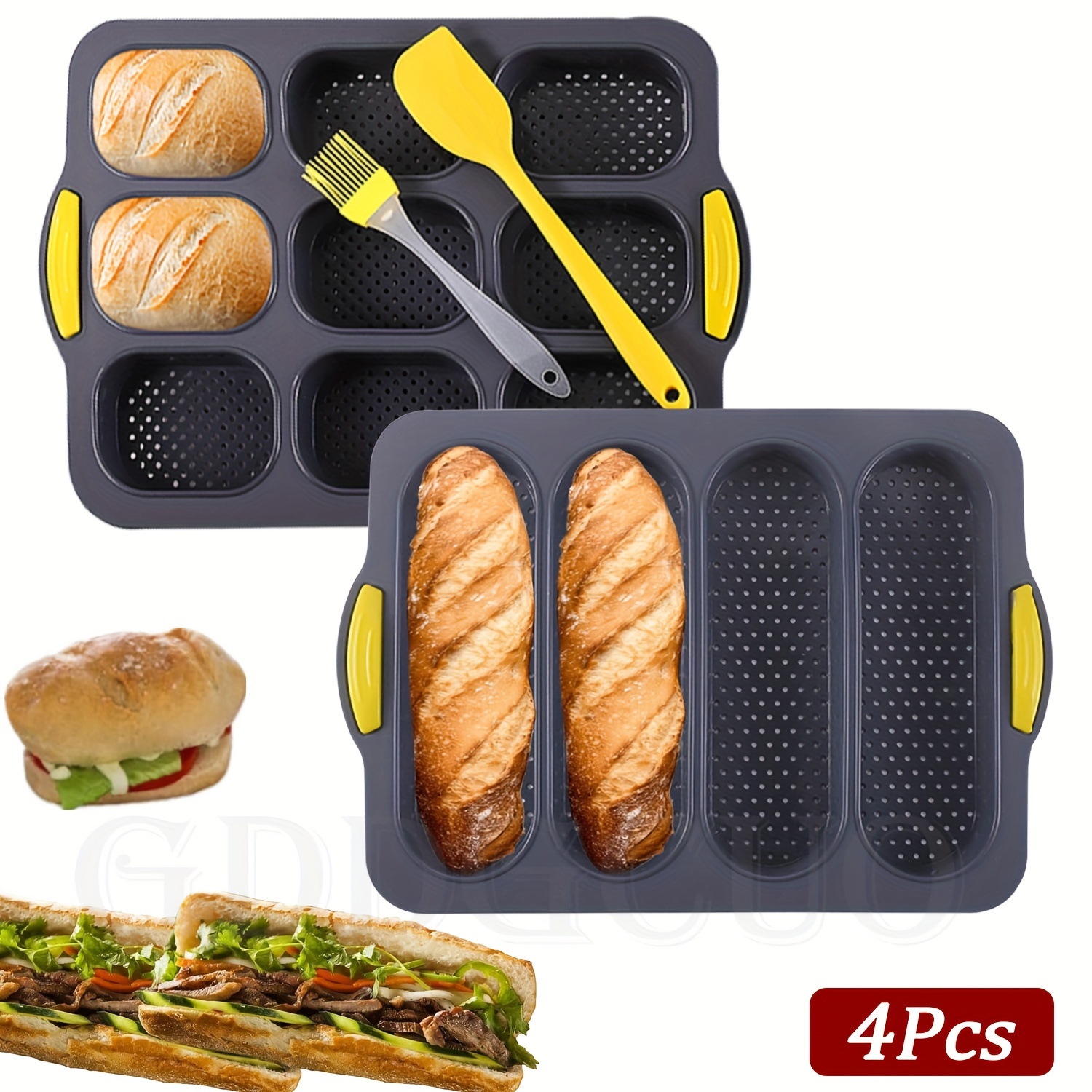 

4-piece Silicone French Bread And Hamburger Bun Trays With Spatula And Pastry Brush - Oven Safe, , Homemade Breads And Sandwiches