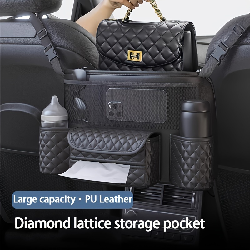 

1pc Car Handbag Holder Between Seats, Pu Leather Multi-pocket Large Capacity Purse Holder, Auto Net Bag Barrier Of Backseat Pet Kids, Car Seat Organizers And Storage For Cargo Tissue Cup