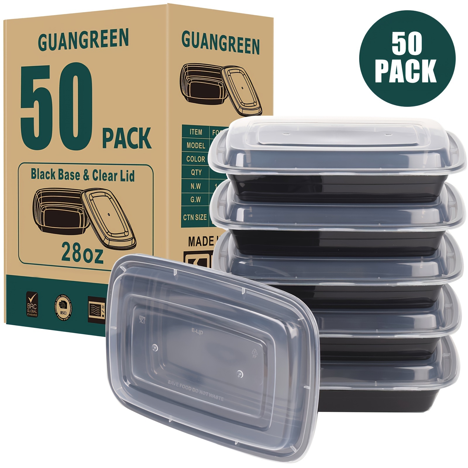 Meal Prep Containers 50-Pack Leakproof Food Storage Containers With Lids, 1 Compartment Disposable & Reusable Plastic Bento Lunch Box, BPA Free, Stackable, Microwave/Dishwasher/Freezer Safe (28 Oz)