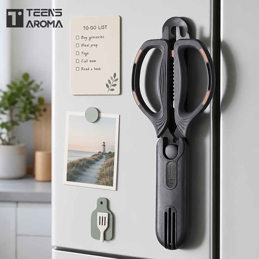 TEMU 2pcs Set Durable Stainless Steel Kitchen Scissors + Protective Blade Cover, Kitchen Scissors, Fridge Hanging Storage - Meat, Poultry, Fish, Bone