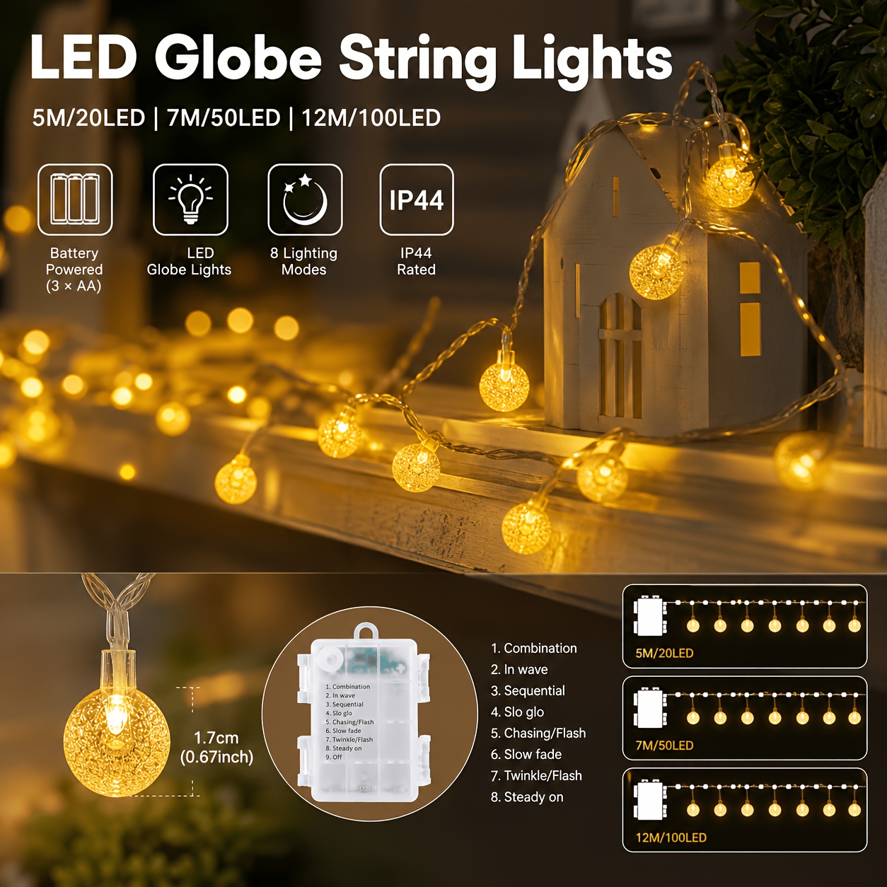 TEMU 8 Modalit� di Illuminazione, IP44 Scatola Batteria Sfera a Bolle, , Prato e Giardinaggio > Illuminazione Esterna > Striscia Luminosa Esterna,