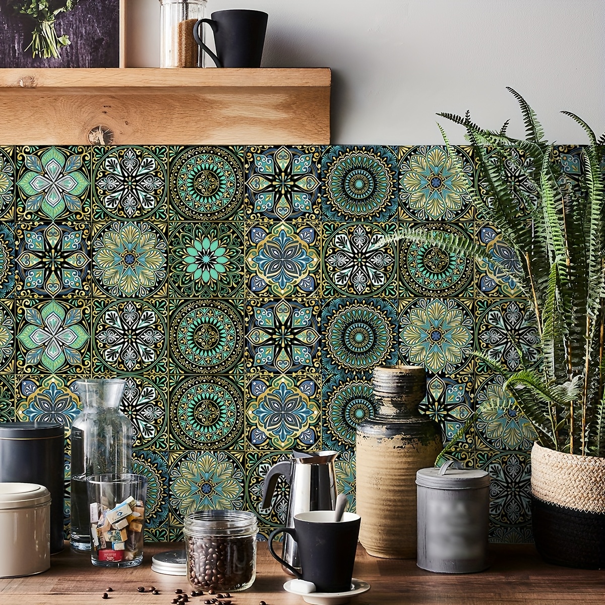 TEMU 36pcs Teal Green And Muted Olive Floral Medallion And Mandala Wall Sticker, Repeating Square Mosaic With Intricate Petals And Geometric Borders,