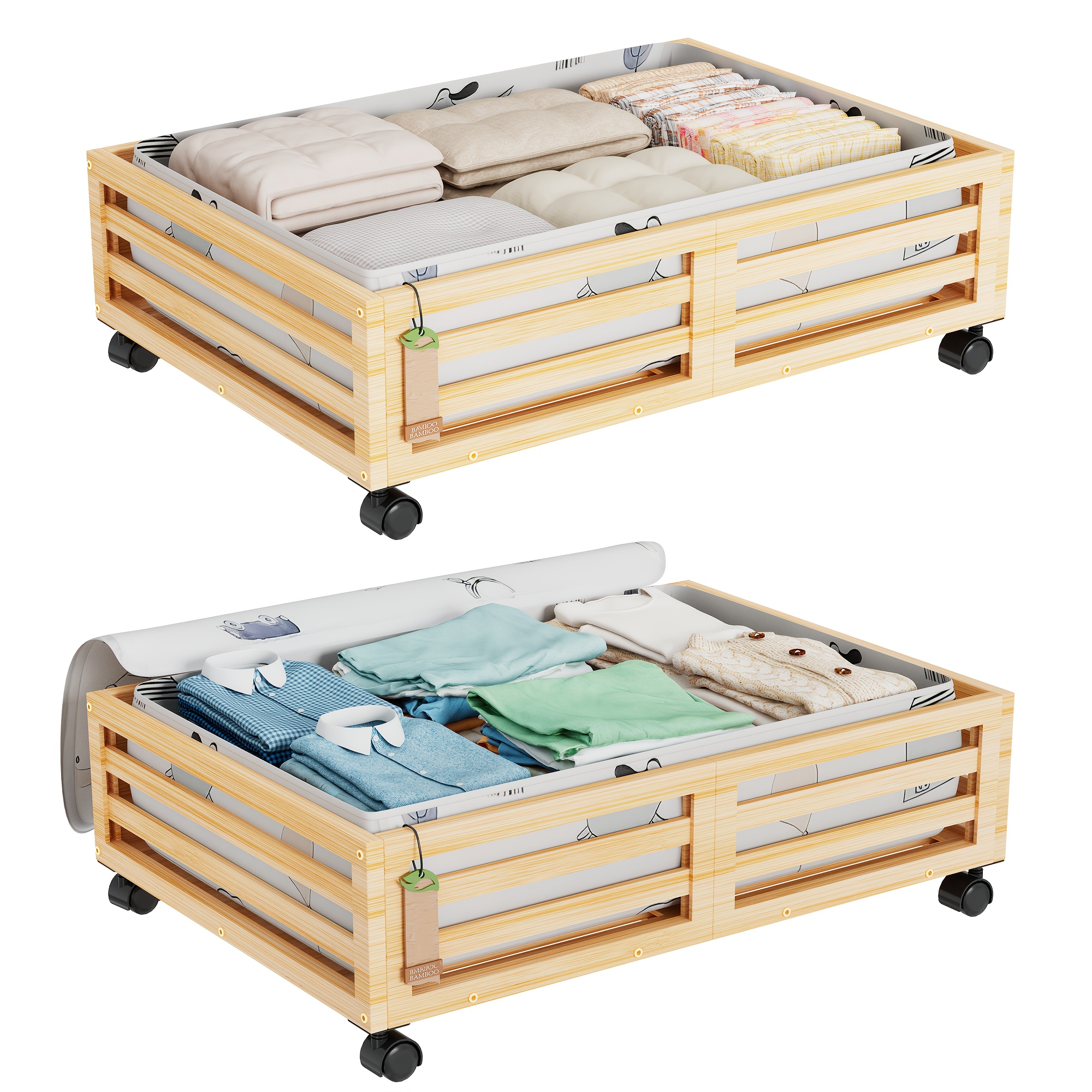 

Bamboo Under Bed Storage Containers- Underbed Organizer With Wheels With Large Dust Bag, Sturdy Wood Rolling Under The Bed Shoe Storage Organizer Drawer 2 Packs (nature, Small), Under-bed Storage