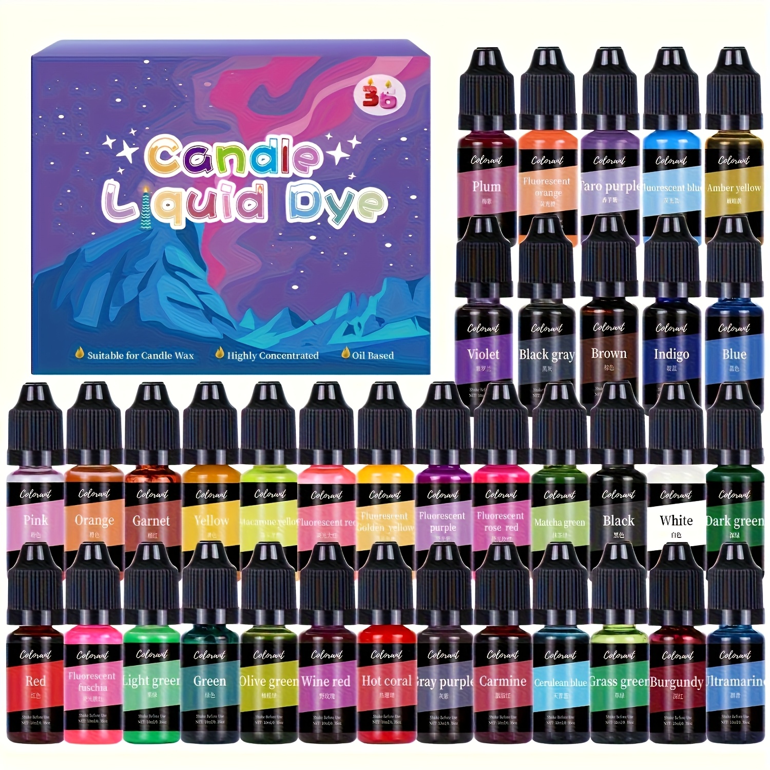 TEMU 18/24/30/36 Colors Liquid Candle Dye Set - 10ml (0.34oz) High Concentration Wax Pigment For Soy Wax, Beeswax, Paraffin Candles - Vibrant