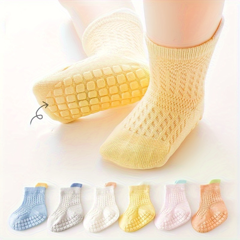 

3 Pairs Of Baby Girl's Non-slip Socks, Solid Bottom Rubber Dot Mesh Cotton Blend Comfy Breathable Soft Socks For Toddler Wearing