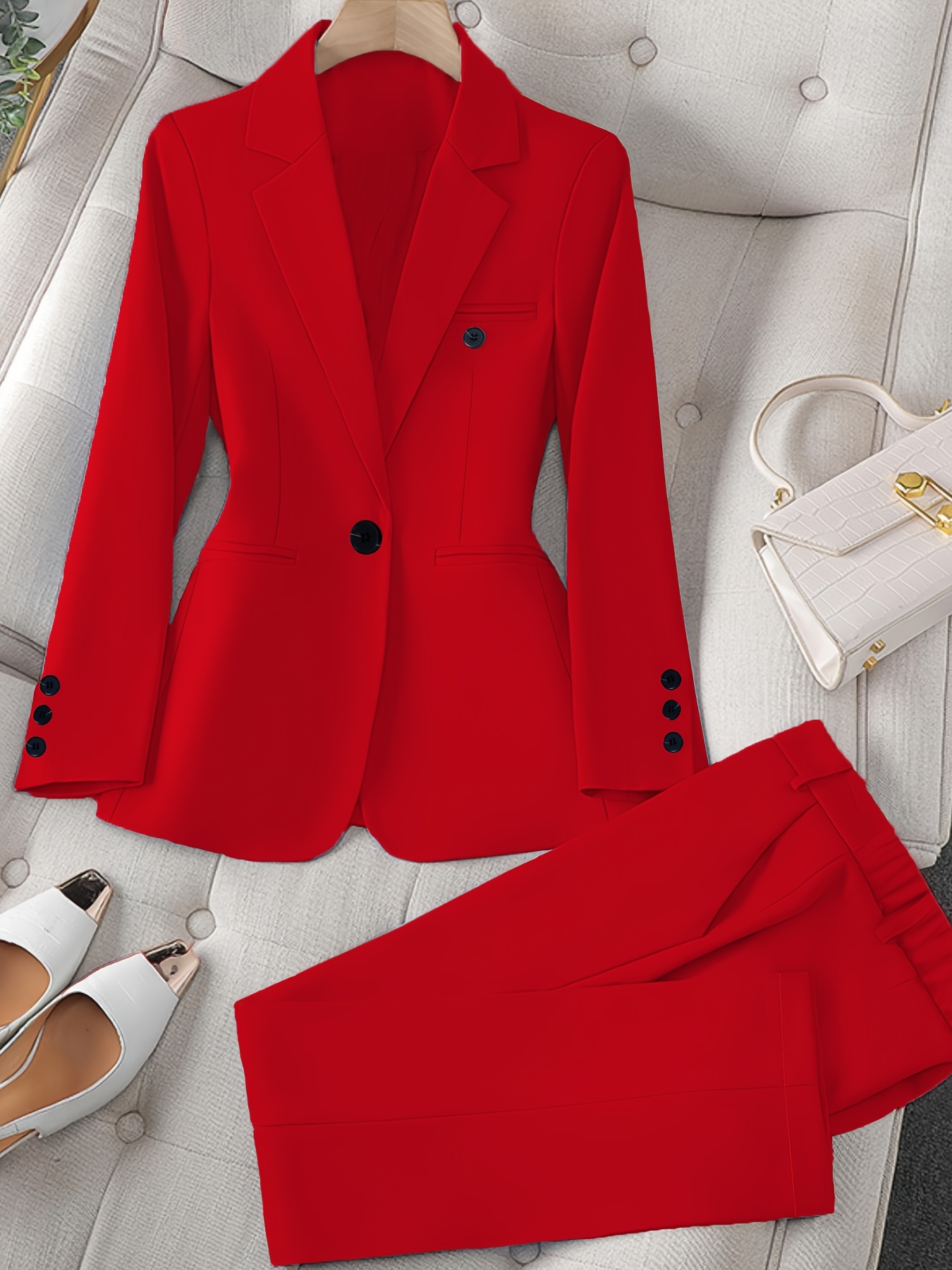 Women'S Casual Two-Piece Set, Fashionable Business Style, Solid Color Long Sleeve Blazer and Pants, Polyester, Button-Up, Regular Fit, with Weekend Casual Wea